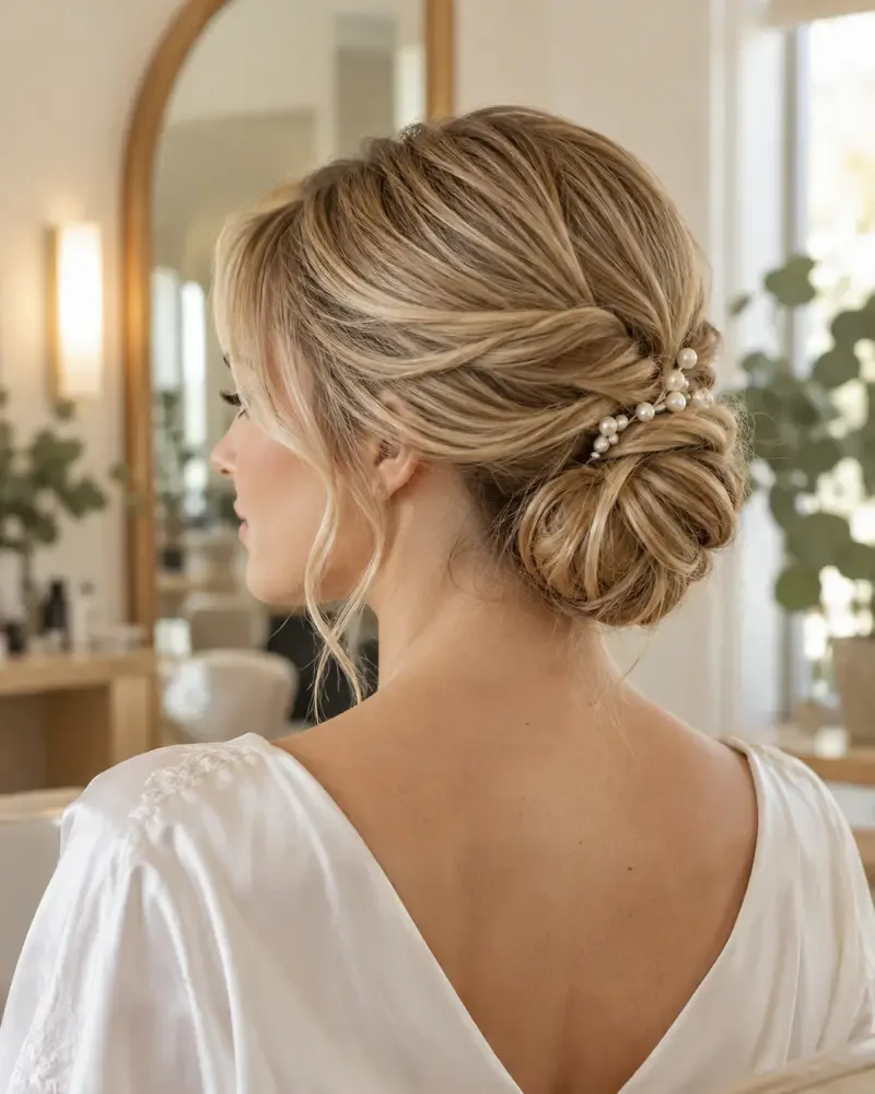 Long blonde waves styled for an event