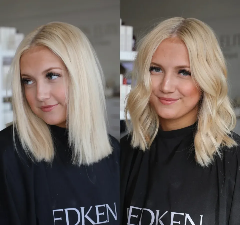 Bright blonde color shown straight and curled